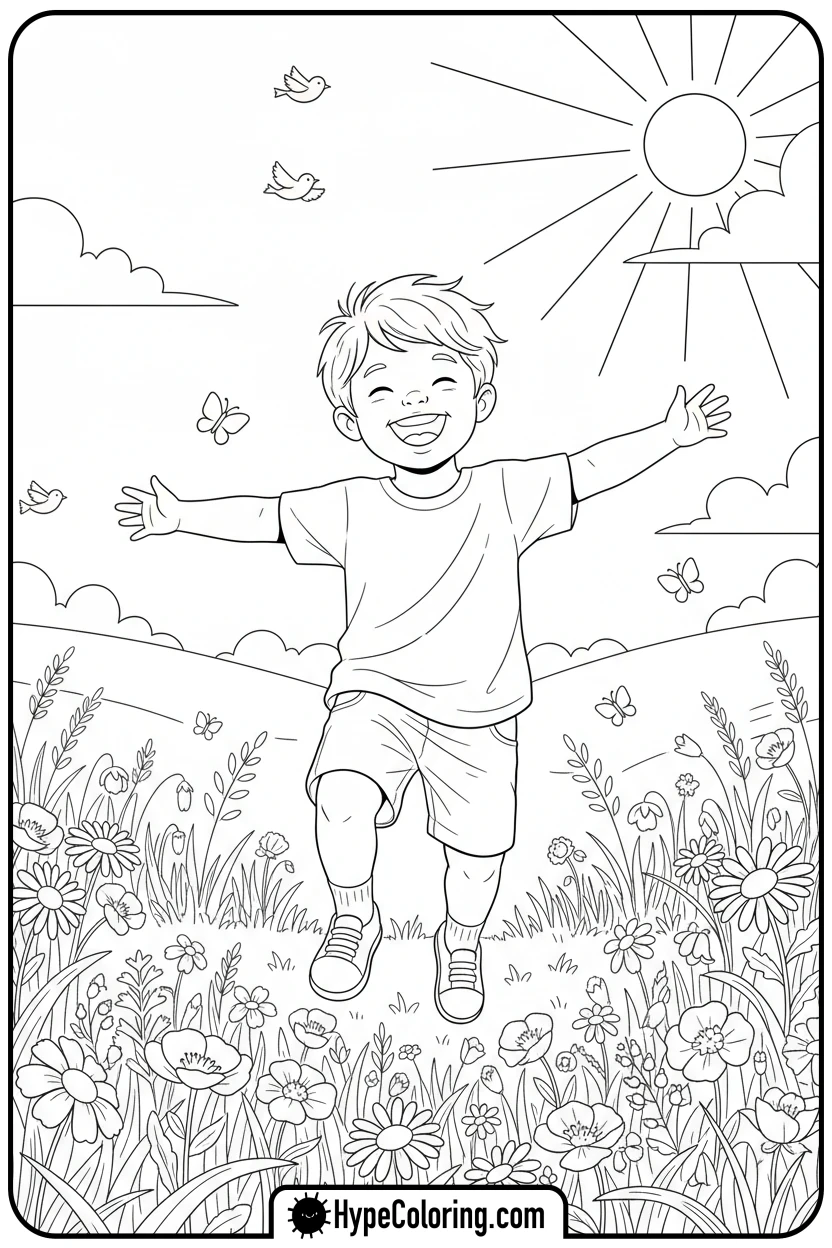 Click to download PDF child-skipping-in-flowers - mental health coloring pages