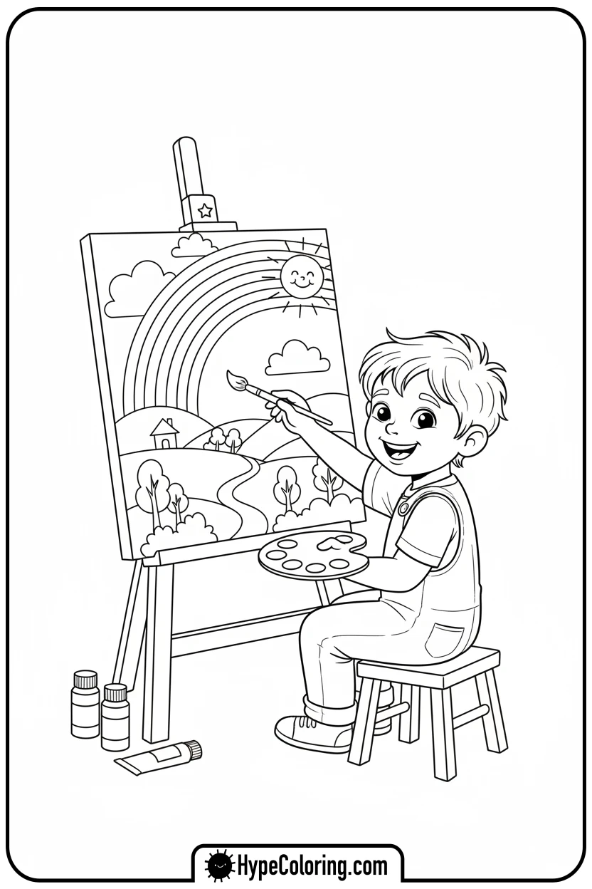 Click to download PDF child-painting-a-rainbow - mental health coloring pages