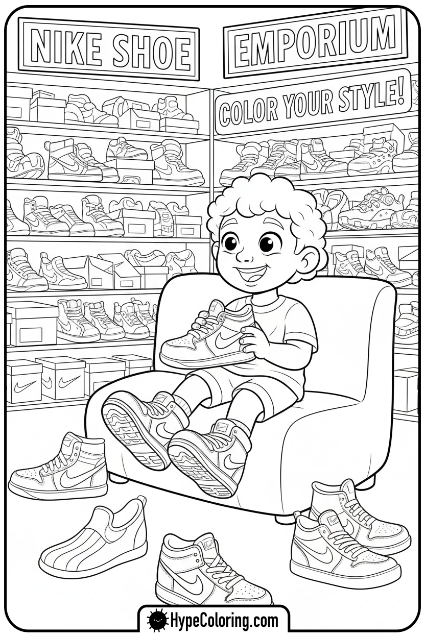 child-trying-nike-shoes - nike coloring pages