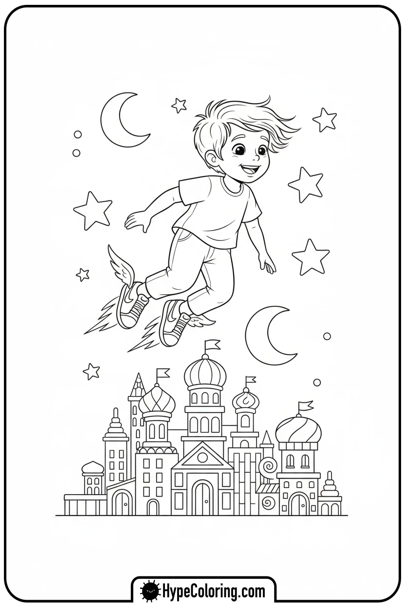 child-flying-with-nike-shoes - nike coloring pages