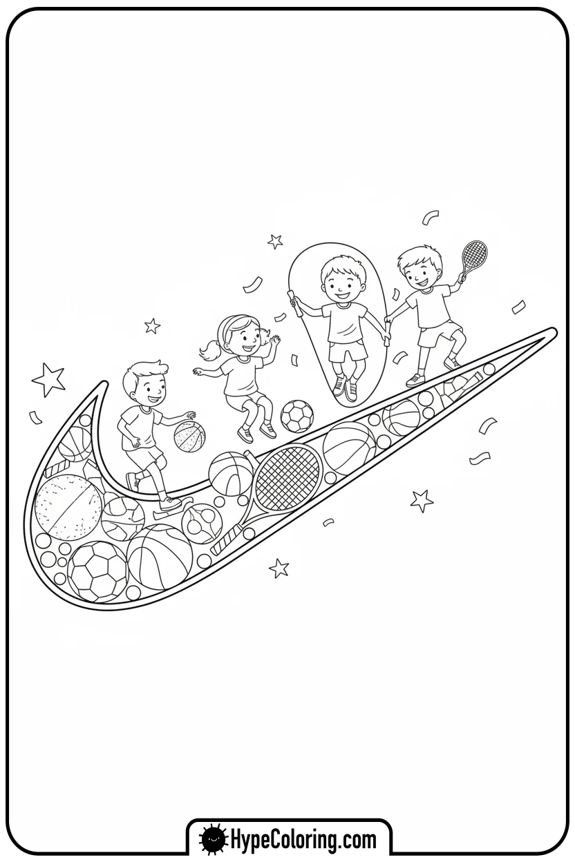 nike-swoosh-with-sports-equipment - nike coloring pages