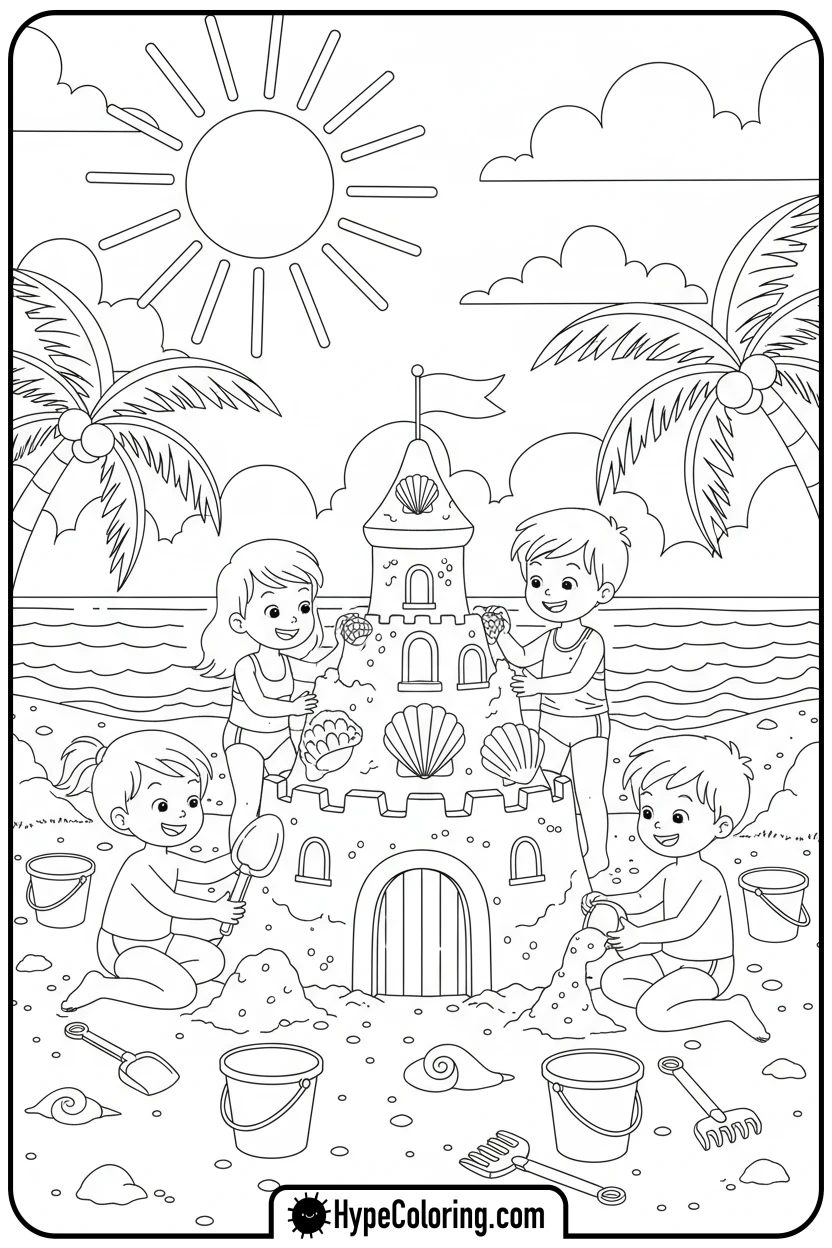 children-building-sandcastle-on-beach - ocean coloring page