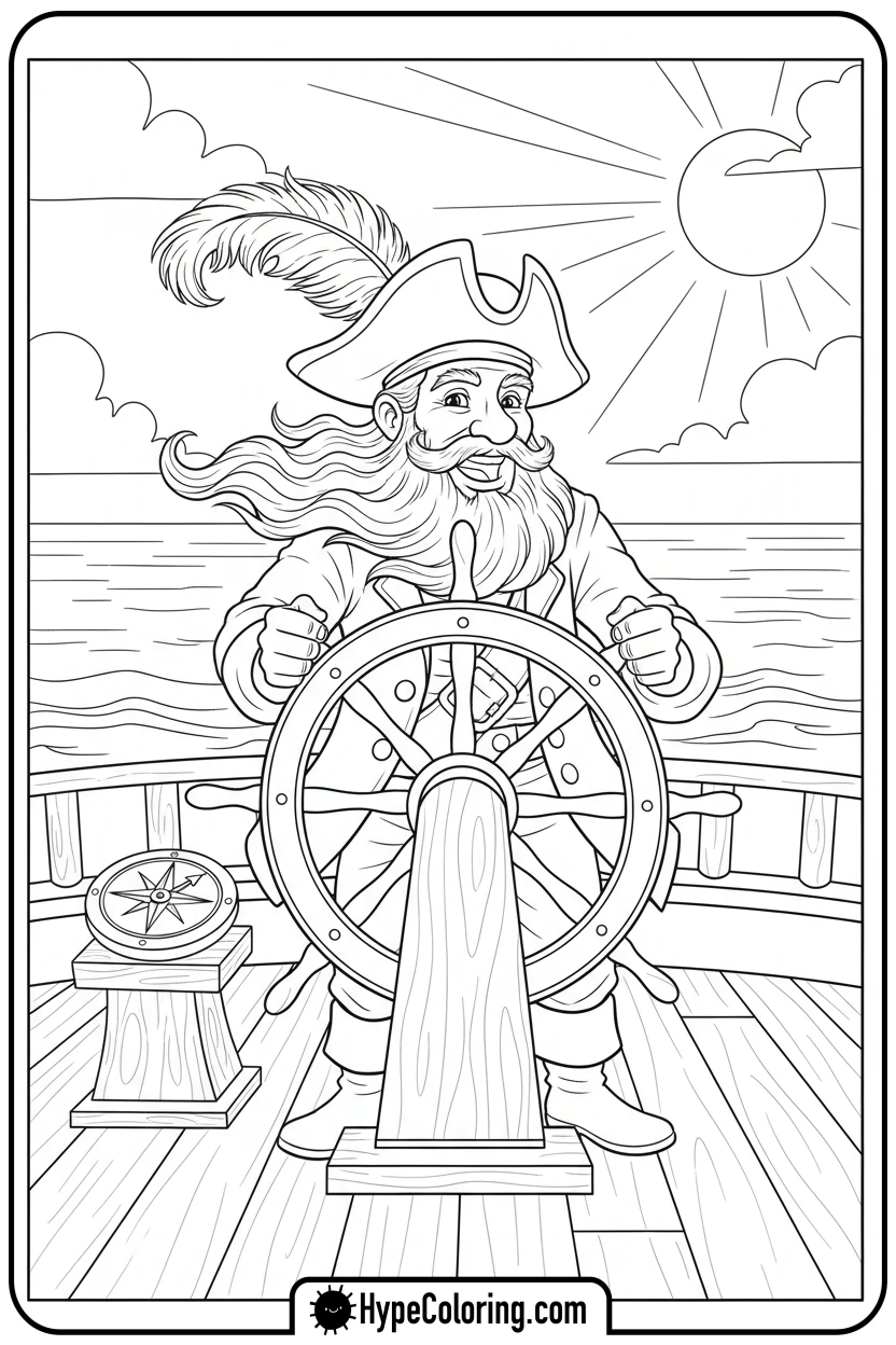 Click to download PDF pirate-captain-steering-ship - pirate coloring pages