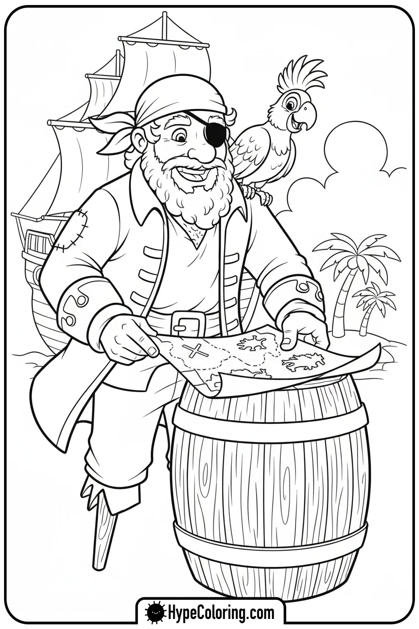 Click to download PDF pirate-with-parrot-and-map - pirate coloring pages