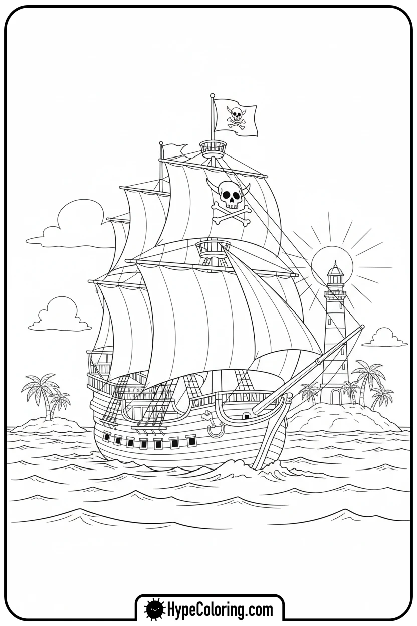 Click to download PDF pirate-ship-sailing-to-island - pirate coloring pages