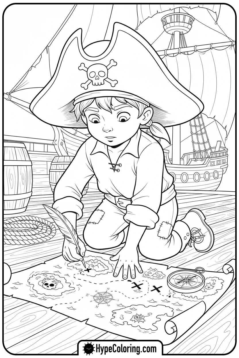 Click to download PDF young-pirate-studying-map - pirate coloring pages