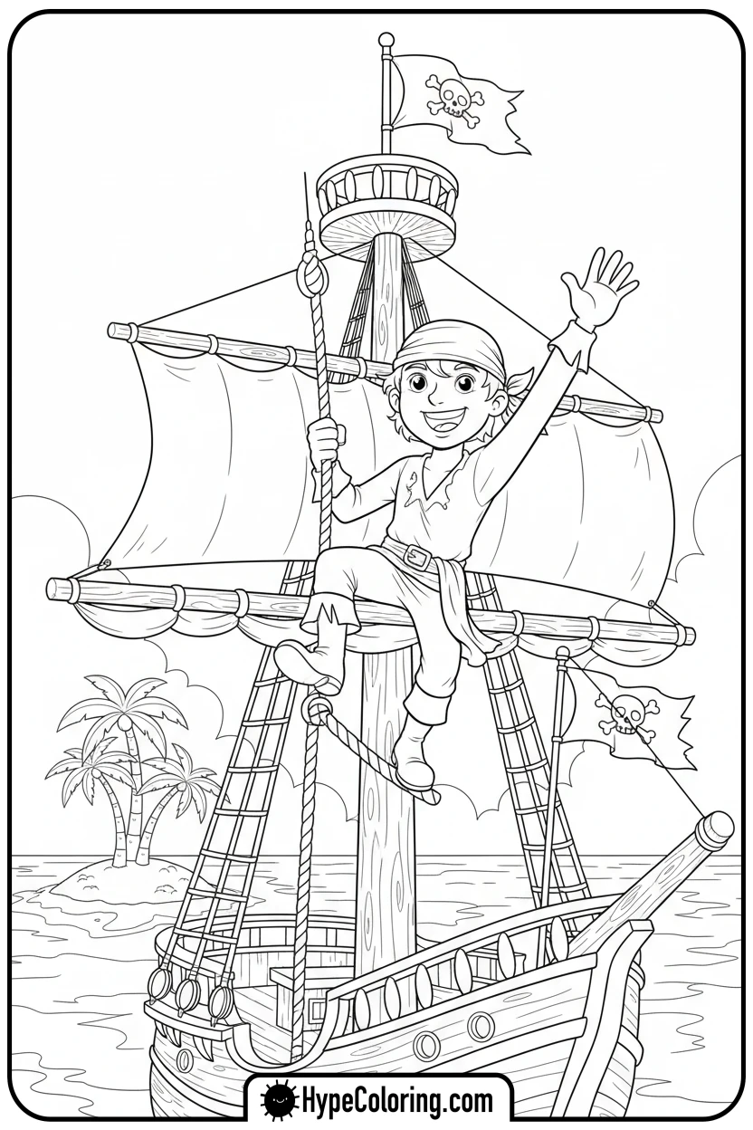 Click to download PDF pirate-climbing-ship-mast - pirate coloring pages