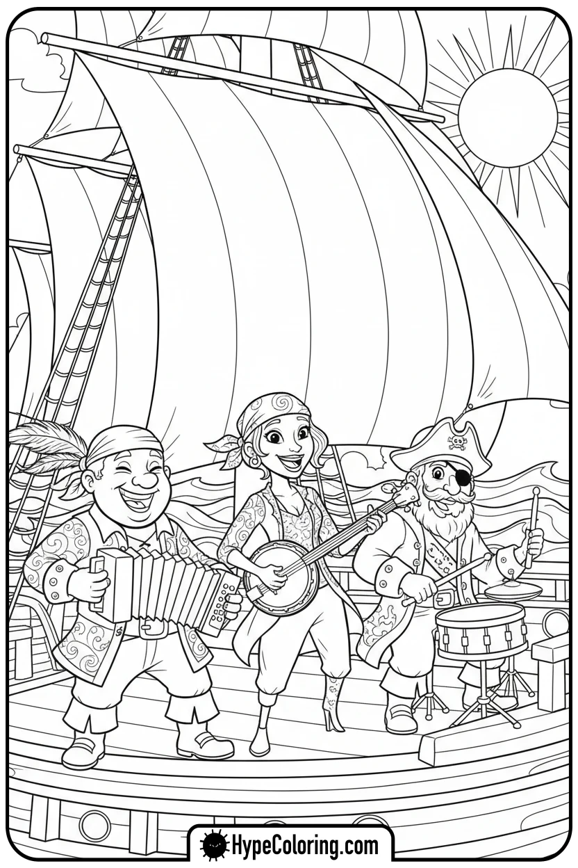 Click to download PDF pirate-band-playing-music - pirate coloring pages