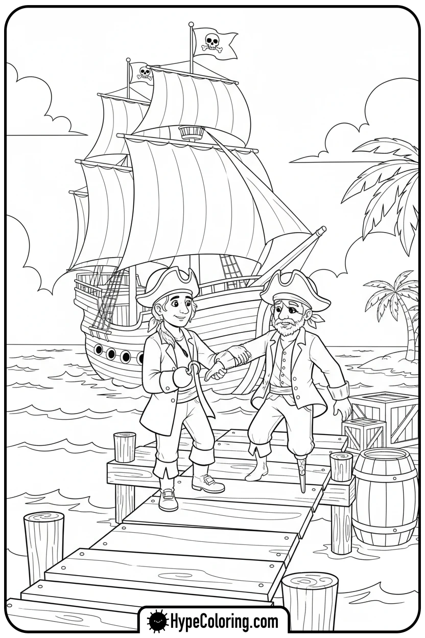 Click to download PDF pirate-helping-a-friend - pirate coloring pages
