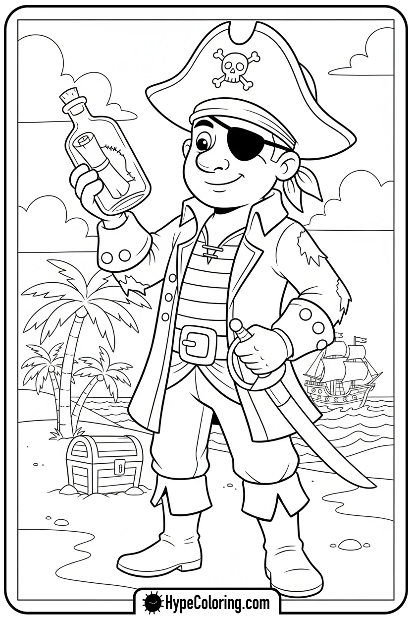 Click to download PDF pirate-reading-message-in-bottle - pirate coloring pages