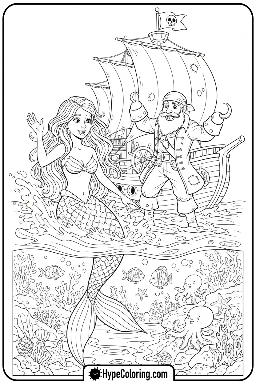 Click to download PDF mermaid-greeting-pirate - pirate coloring pages