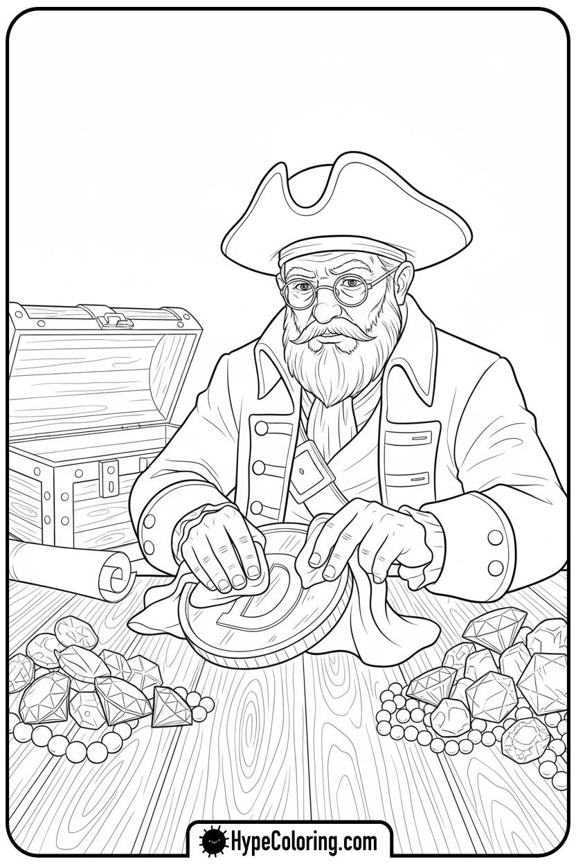 Click to download PDF pirate-polishing-treasure - pirate coloring pages
