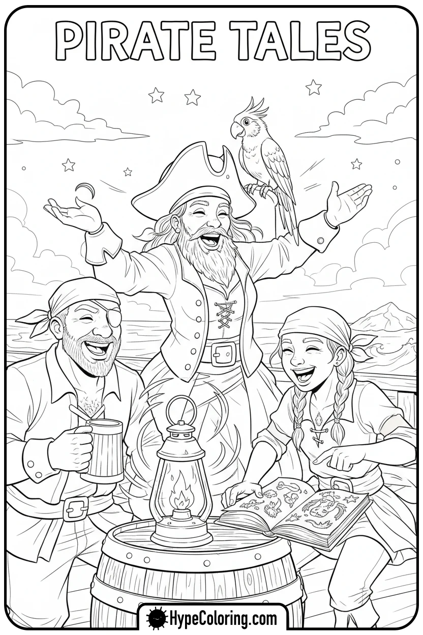 Click to download PDF pirates-sharing-stories-and-laughs - pirate coloring pages