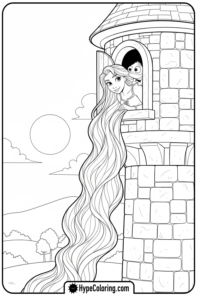 Click to download PDF rapunzel-in-tower-hair-flowing - princess rapunzel coloring pages