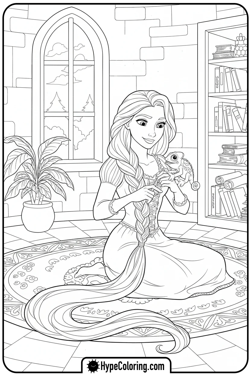 Click to download PDF rapunzel-braiding-hair-with-pascal - princess rapunzel coloring pages