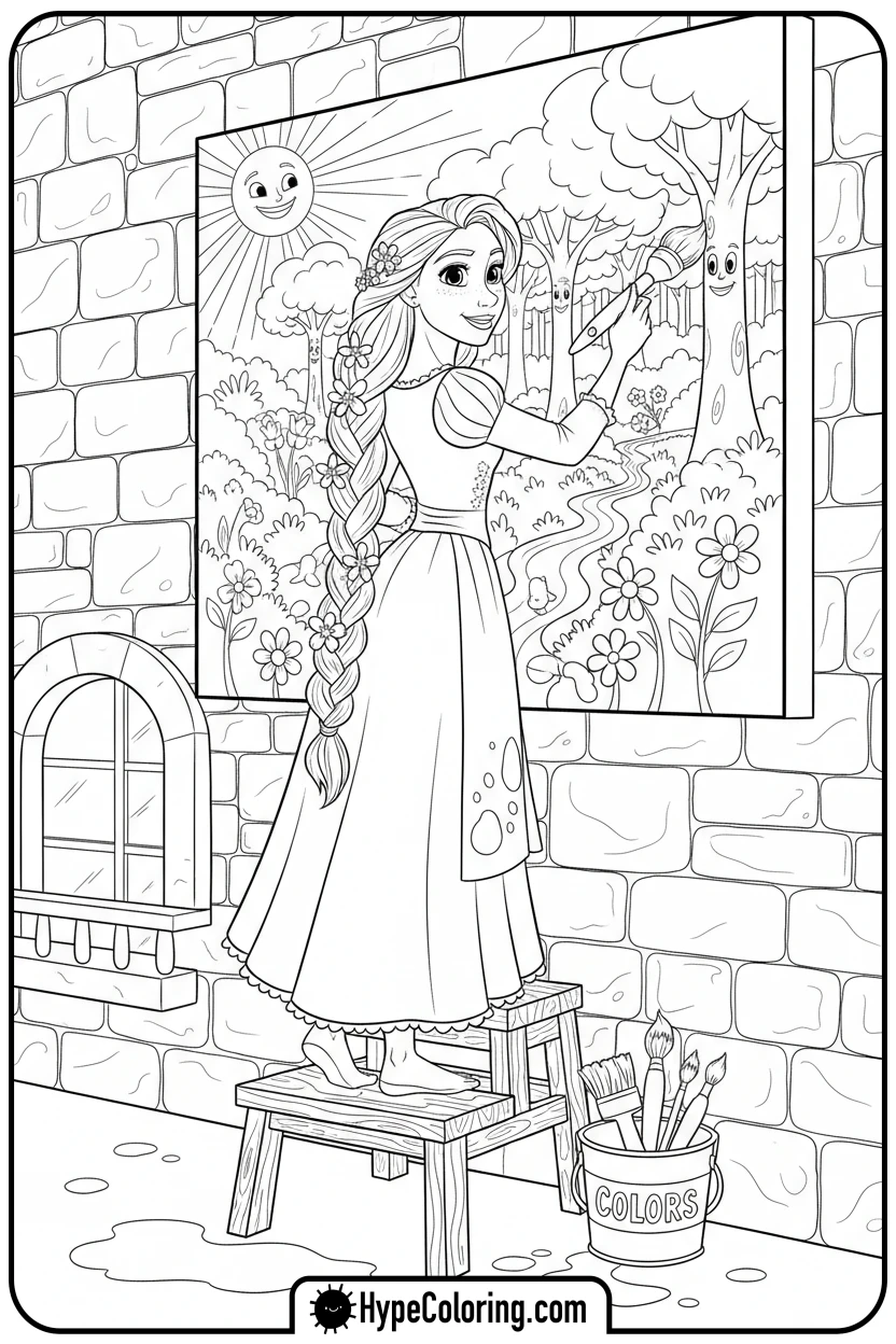 Click to download PDF rapunzel-painting-a-mural - princess rapunzel coloring pages