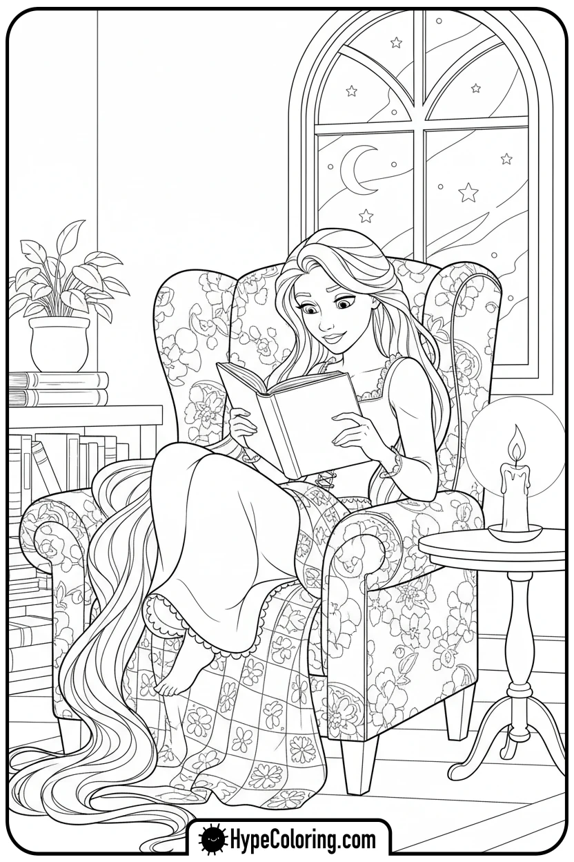 Click to download PDF rapunzel-reading-by-candlelight - princess rapunzel coloring pages