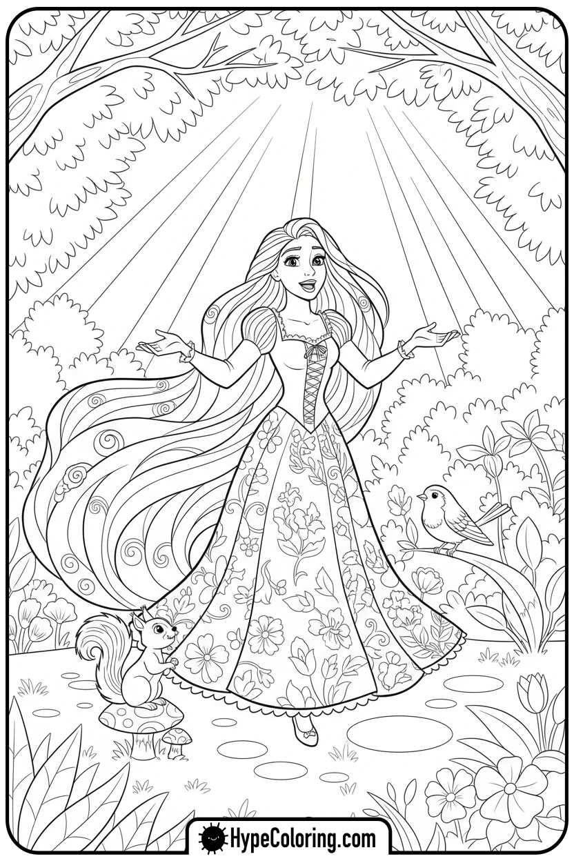 Click to download PDF rapunzel-singing-with-forest-animals - princess rapunzel coloring pages