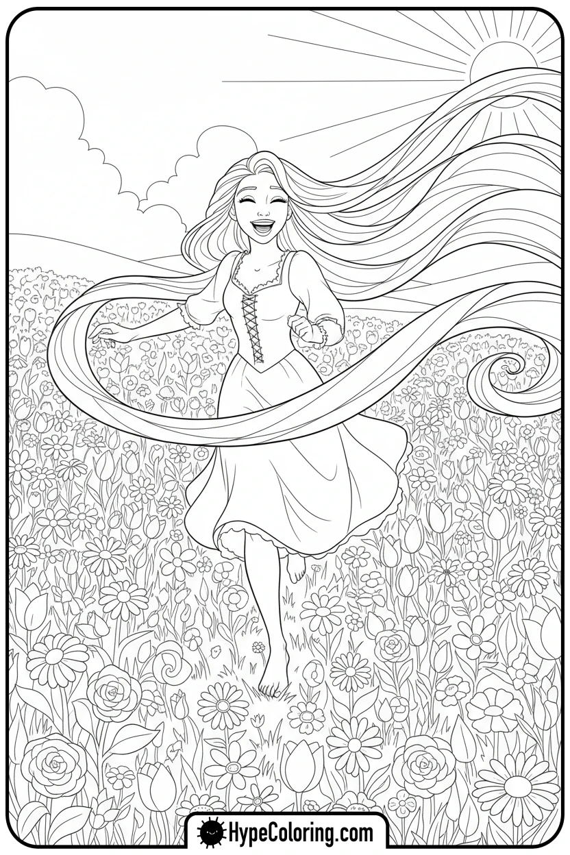 Click to download PDF rapunzel-running-in-flower-field - princess rapunzel coloring pages