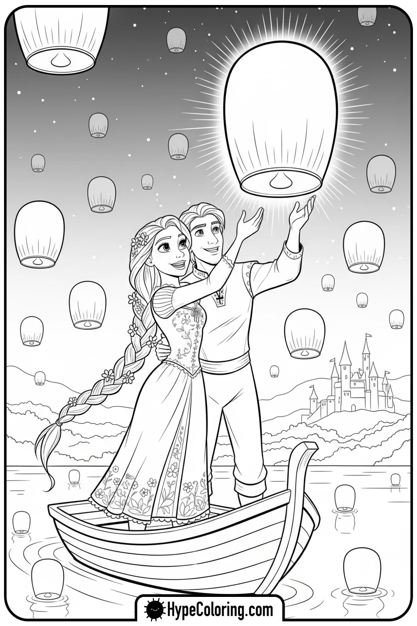 Click to download PDF rapunzel-releasing-sky-lantern - princess rapunzel coloring pages