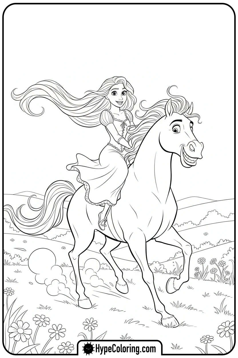 Click to download PDF rapunzel-riding-maximus - princess rapunzel coloring pages