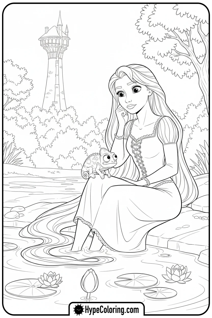 Click to download PDF rapunzel-by-pond-with-hair - princess rapunzel coloring pages