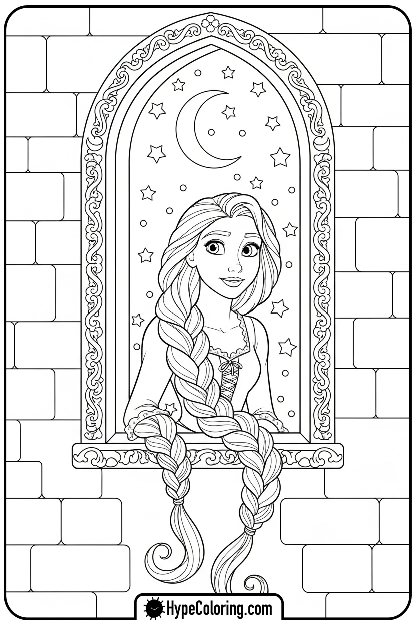 Click to download PDF rapunzel-stargazing-from-tower - princess rapunzel coloring pages