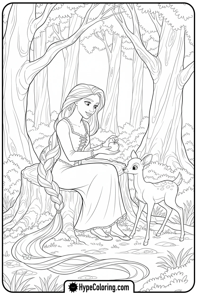 Click to download PDF rapunzel-feeding-a-deer - princess rapunzel coloring pages