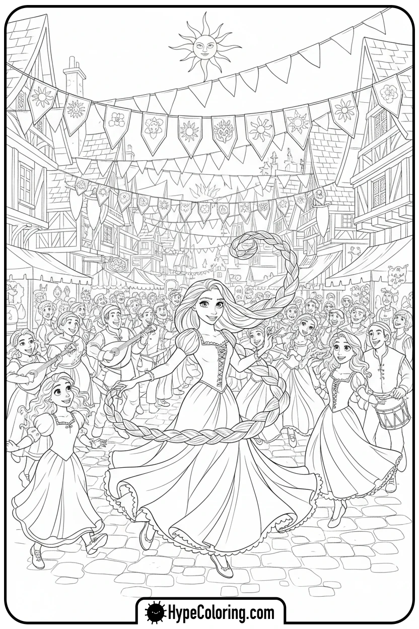 Click to download PDF rapunzel-dancing-in-village - princess rapunzel coloring pages