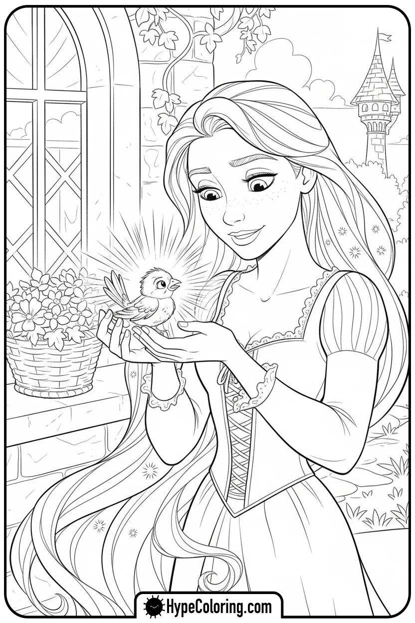 Click to download PDF rapunzel-healing-bird-with-hair - princess rapunzel coloring pages