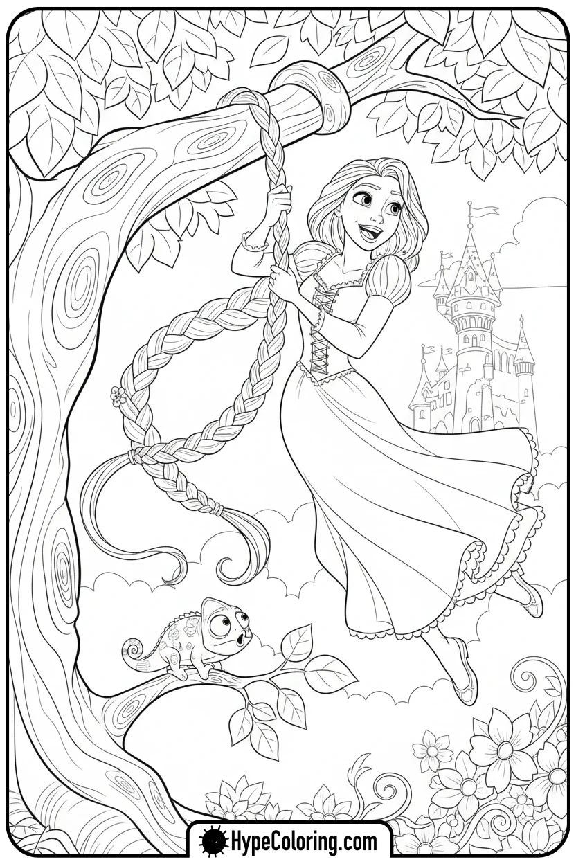 Click to download PDF rapunzel-swinging-from-tree-with-hair - princess rapunzel coloring pages