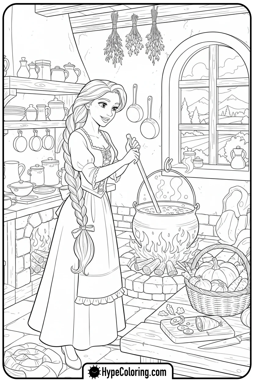 Click to download PDF rapunzel-cooking-in-kitchen - princess rapunzel coloring pages