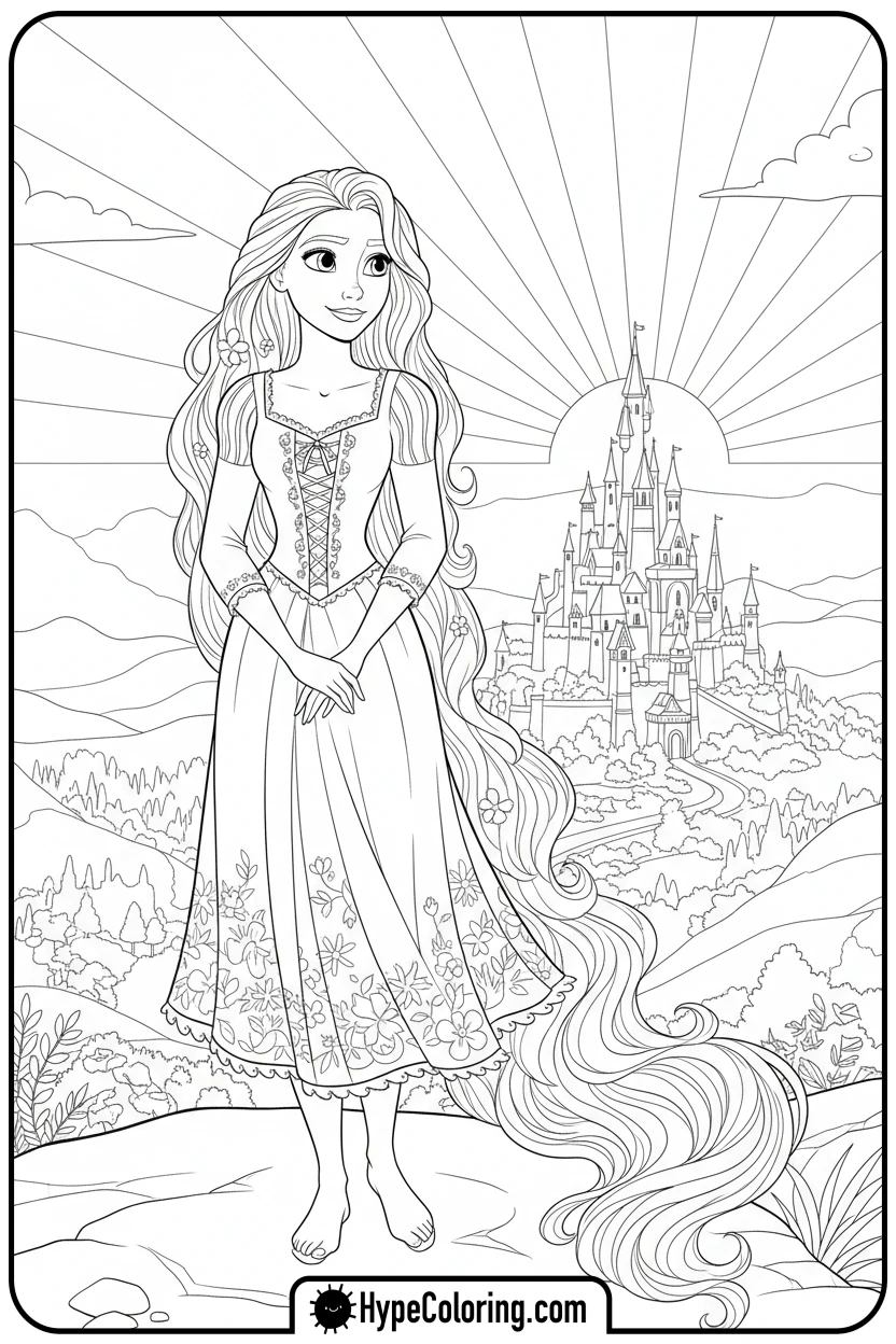 Click to download PDF rapunzel-viewing-corona-castle - princess rapunzel coloring pages