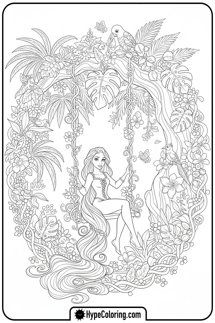Click to download PDF rapunzel-on-vine-swing - princess rapunzel coloring pages