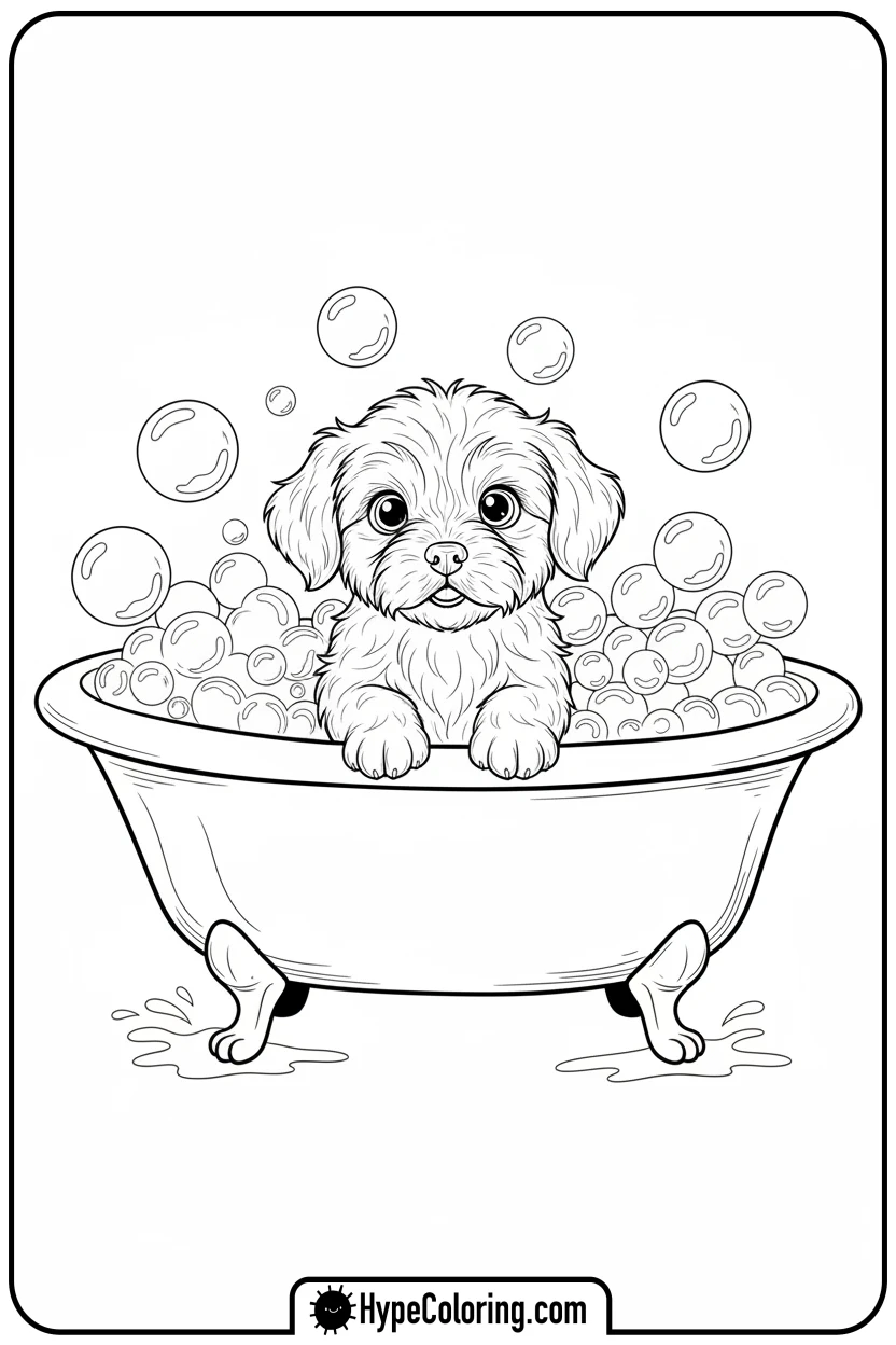puppy-in-bubble-bath - puppy coloring sheets