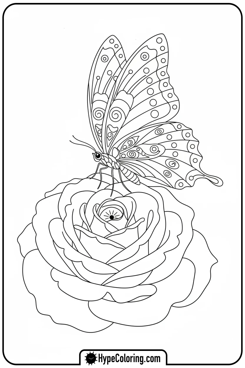 butterfly-on-rose - roses coloring pages