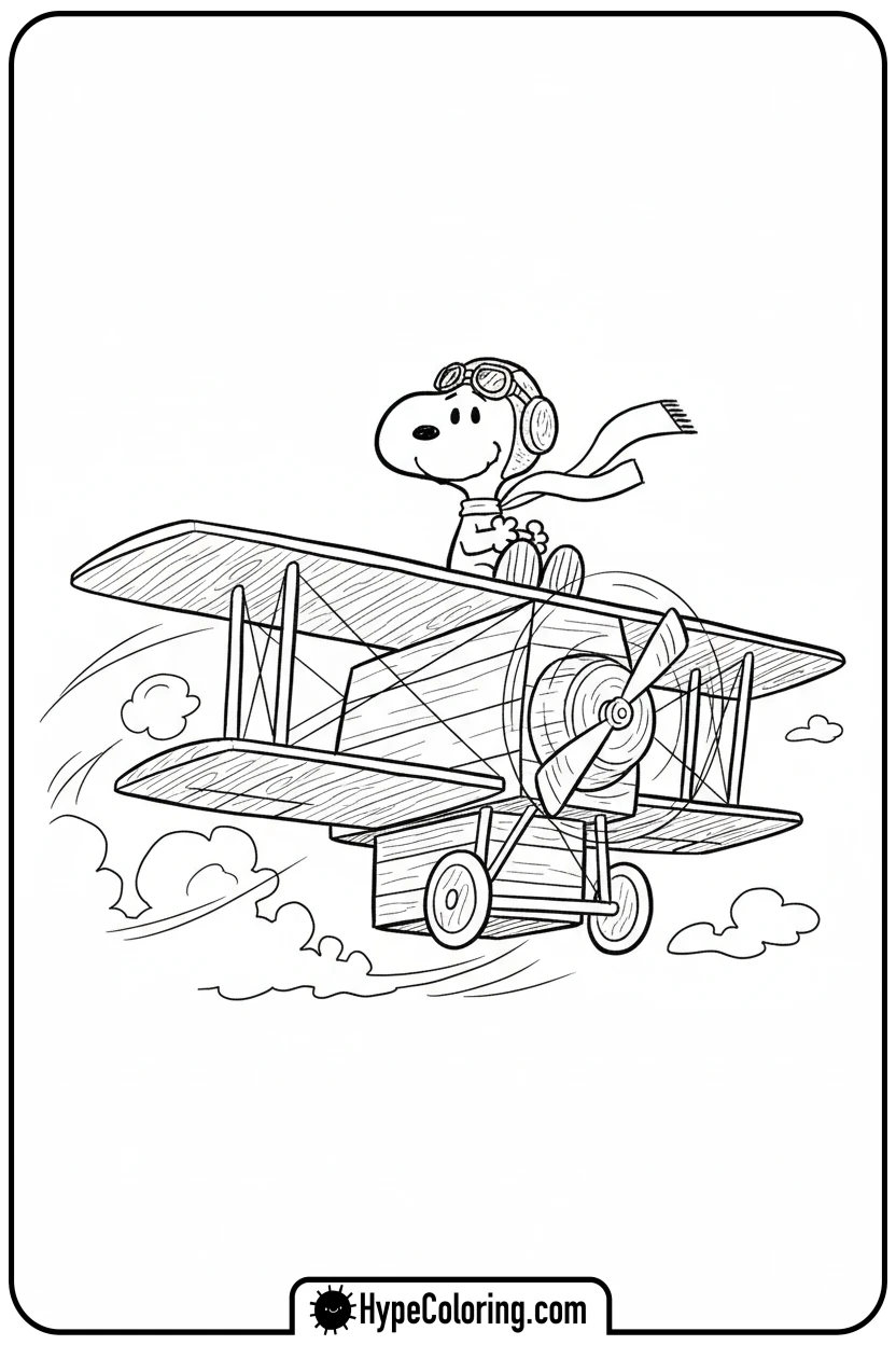 Click to download PDF flying-ace-snoopy-on-doghouse - snoopy color pages