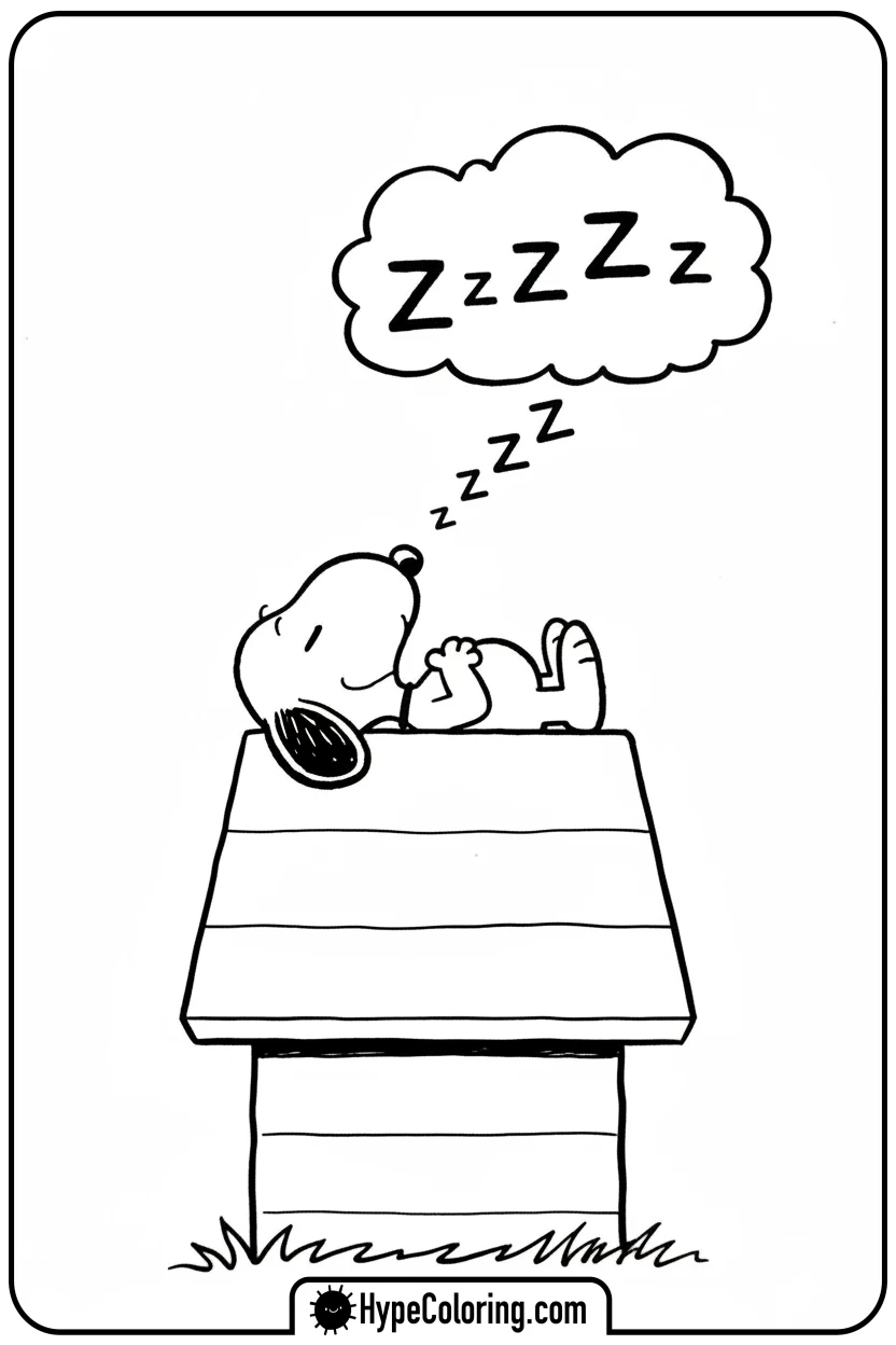 Click to download PDF snoopy-sleeping-soundly-on-doghouse - snoopy color pages