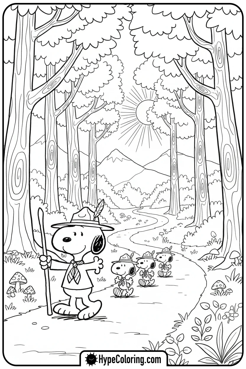 Click to download PDF beagle-scout-snoopy-leading-birds - snoopy color pages