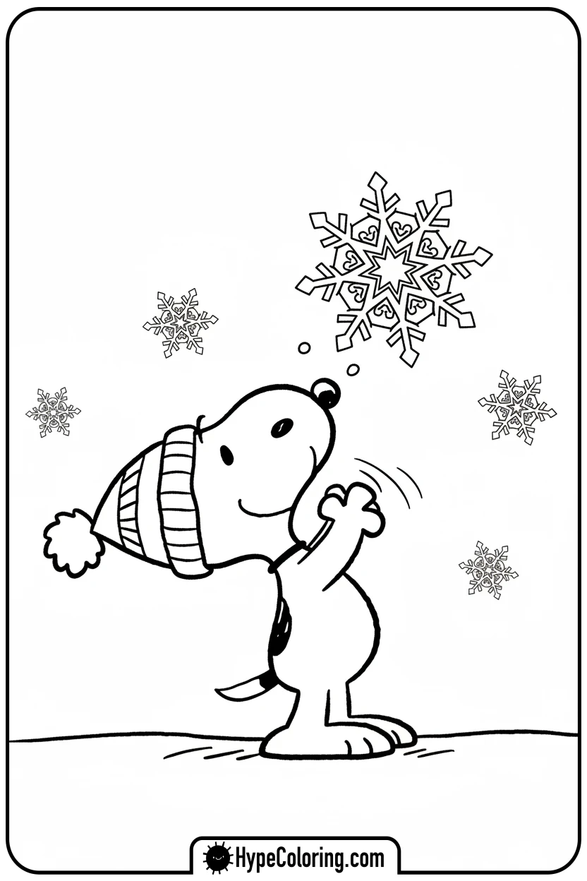 Click to download PDF snoopy-catching-snowflake - snoopy color pages