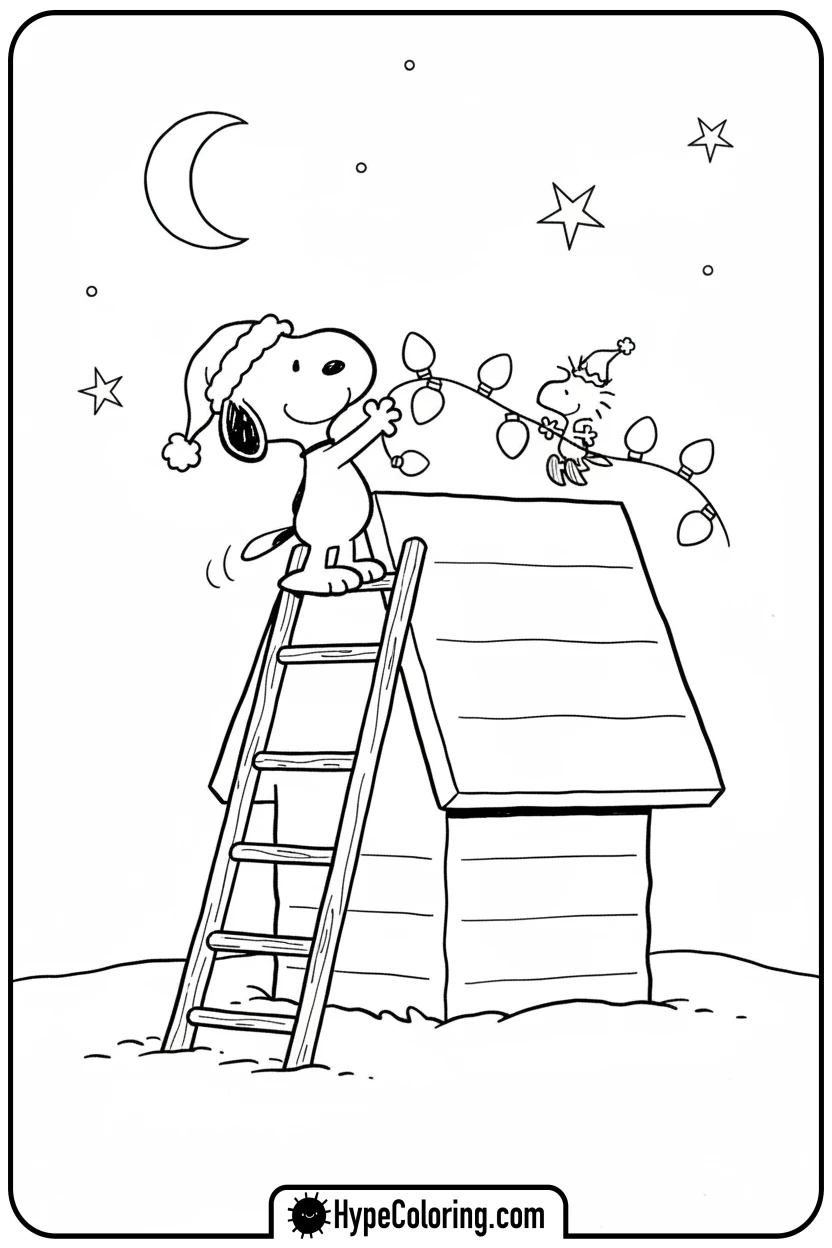Click to download PDF snoopy-decorating-his-doghouse - snoopy color pages