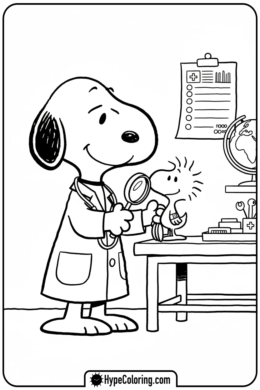 Click to download PDF snoopy-as-doctor-checking-woodstock - snoopy color pages
