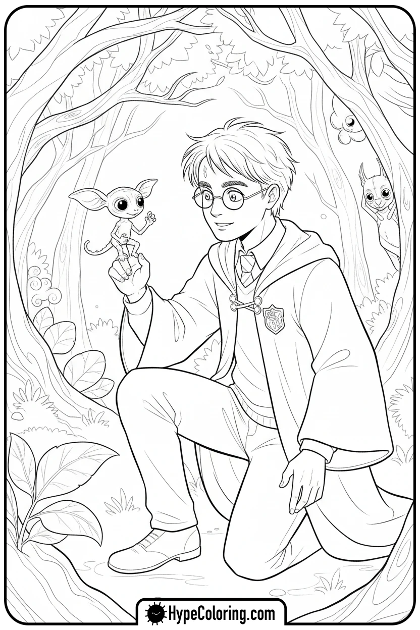 harry-petting-bowtruckle - harry potter coloring pages