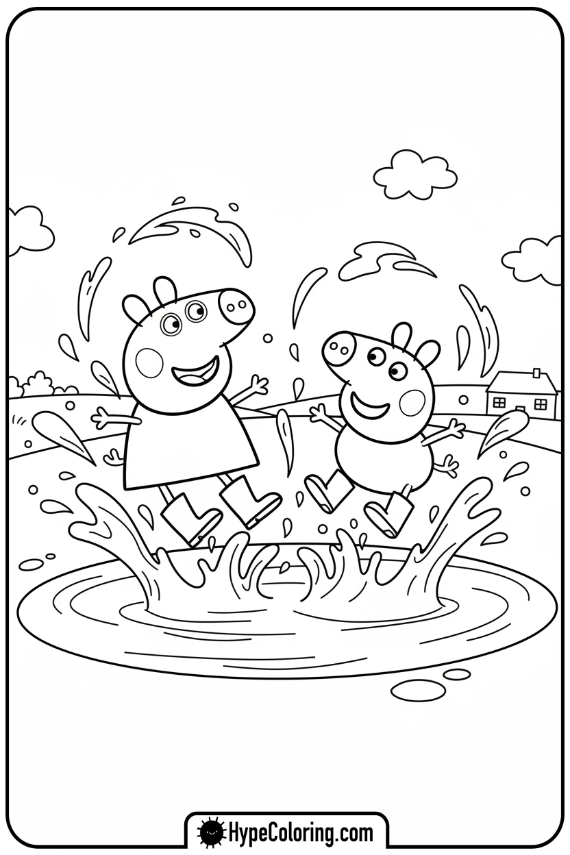 Click to download PDF peppa-and-george-jumping-in-mud - peppa pig coloring pages
