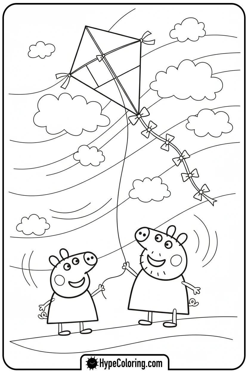 Click to download PDF peppa-and-daddy-flying-a-kite - peppa pig coloring pages