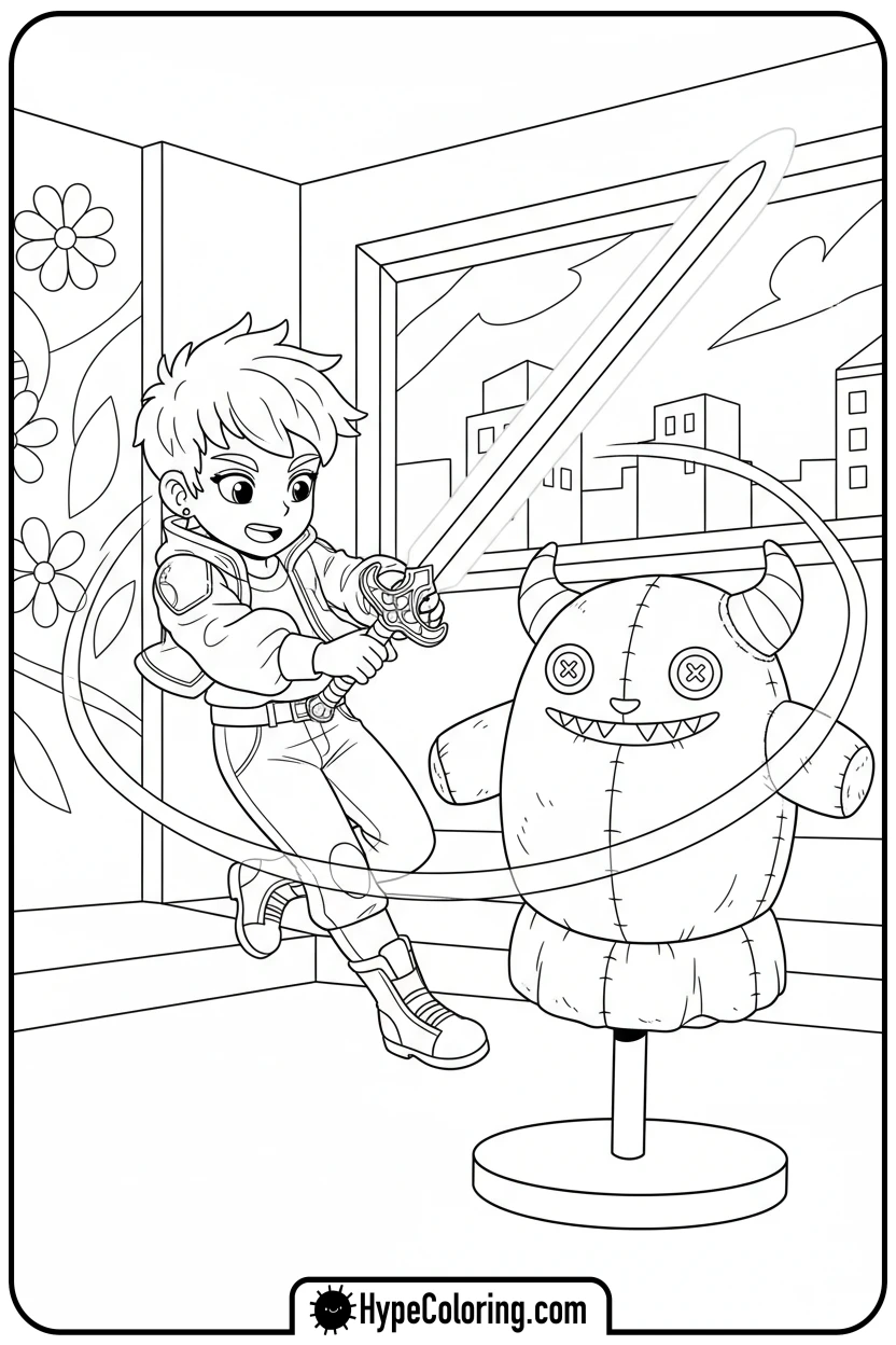 hunter-practicing-with-light-saber - kpop demon hunters coloring pages