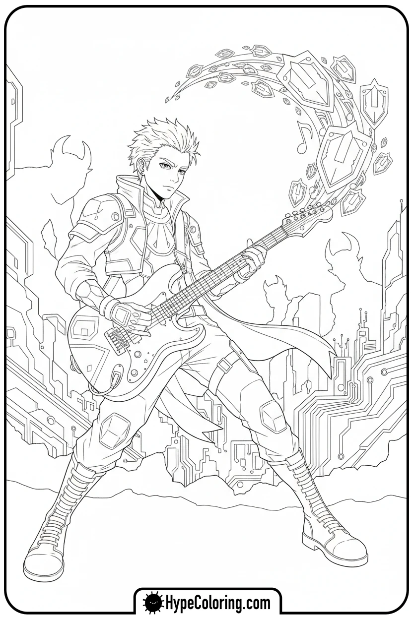 hunter-playing-glowing-guitar - kpop demon hunters coloring pages
