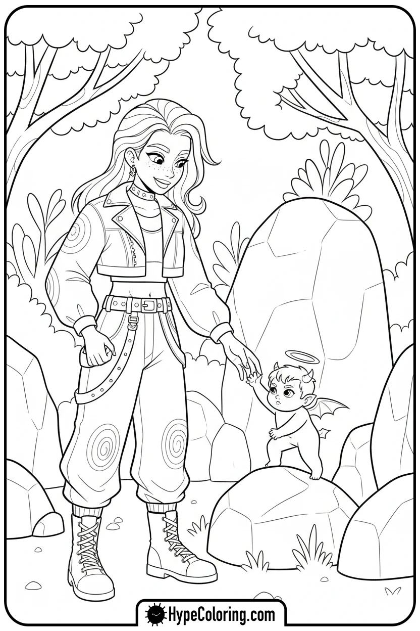hunter-helping-tiny-winged-demon - kpop demon hunters coloring pages