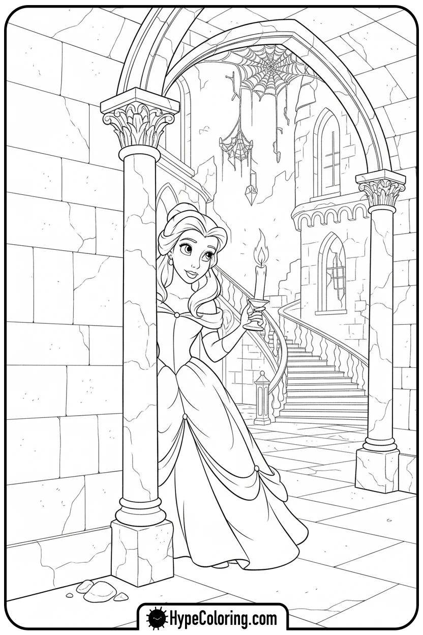 belle-exploring-castle - belle coloring pages