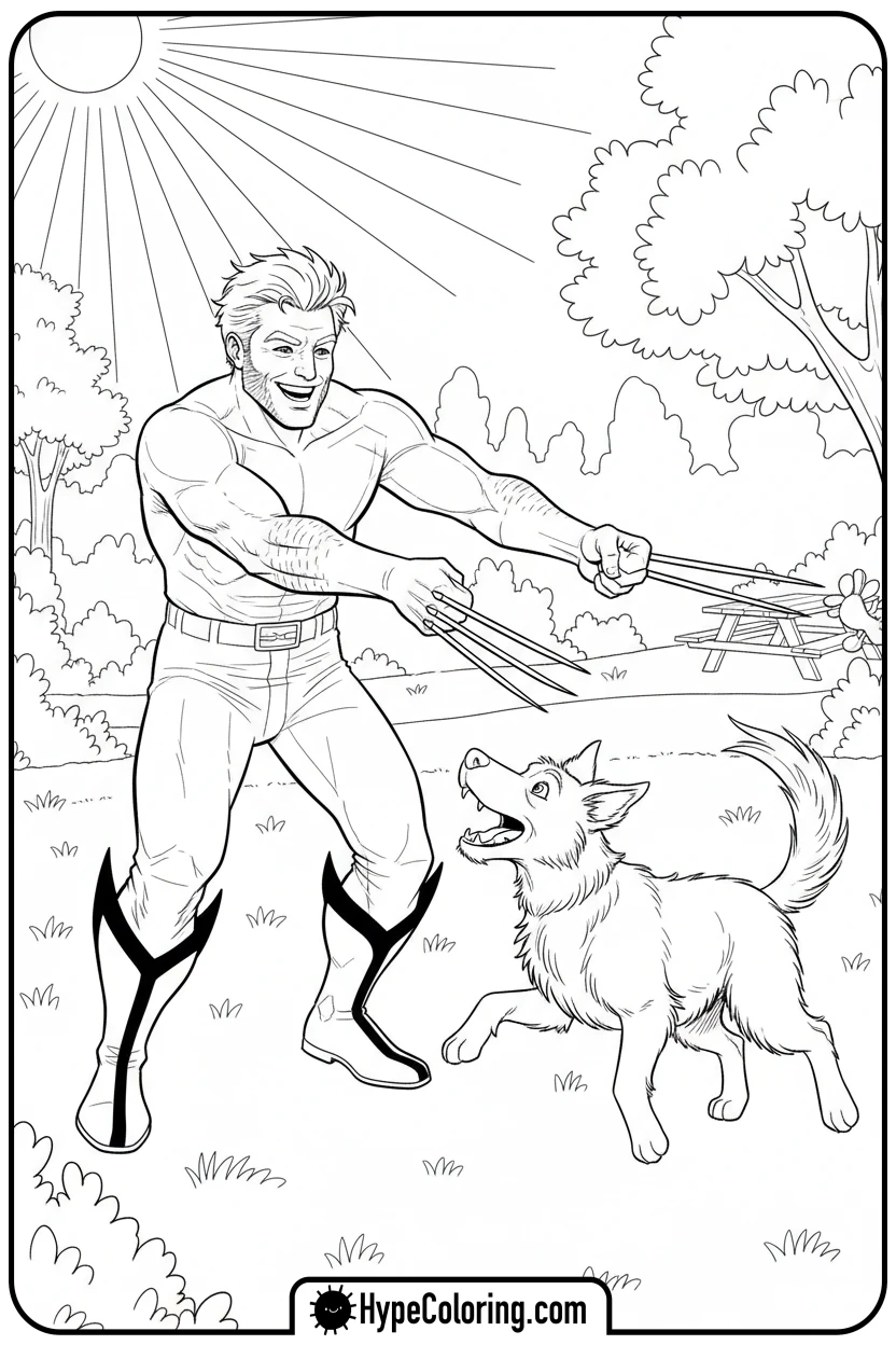 wolverine-playing-fetch-with-dog - wolverine coloring pages